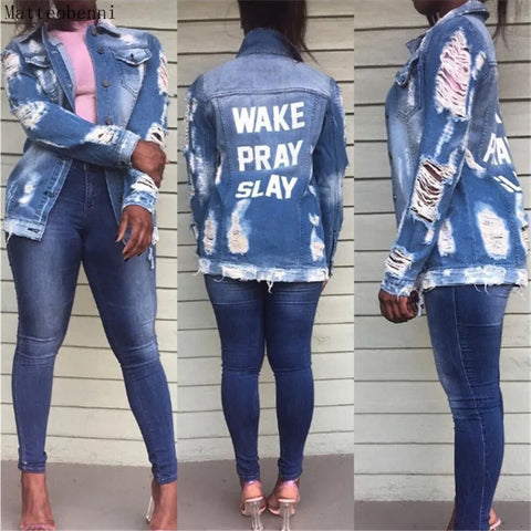 Wake Pray Slay Ripped Cowboy Denim Jacket