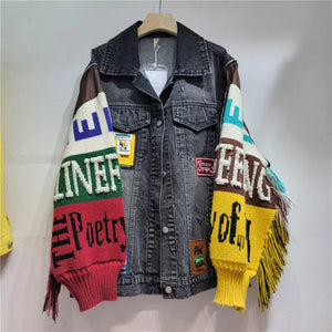 Letter Tassel Knitted Denim Coat