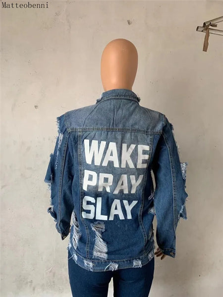 Wake Pray Slay Ripped Cowboy Denim Jacket