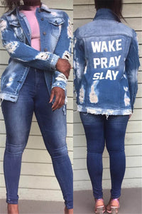 Wake Pray Slay Ripped Cowboy Denim Jacket