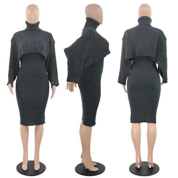 A black ribbed knit turtleneck dress shown on mannequins from front, side, and back views against a plain white background.