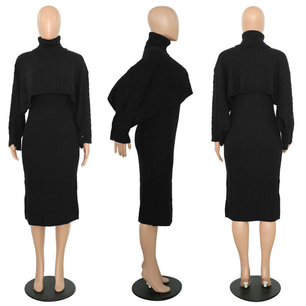 A black ribbed knit turtleneck dress shown on mannequins from front, side, and back views against a plain white background.