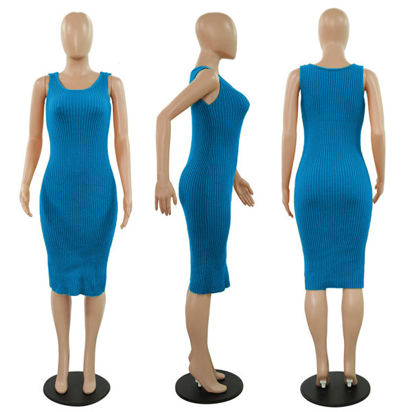 A bright blue ribbed knit sleeveless bodycon dress shown on a mannequin from three angles: front, side, and back. The mannequin stands on black circular bases against a plain white background.