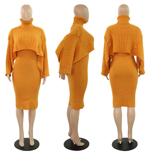 A bright orange ribbed knit turtleneck sweater and matching pencil skirt set displayed on three mannequin views against a white background.