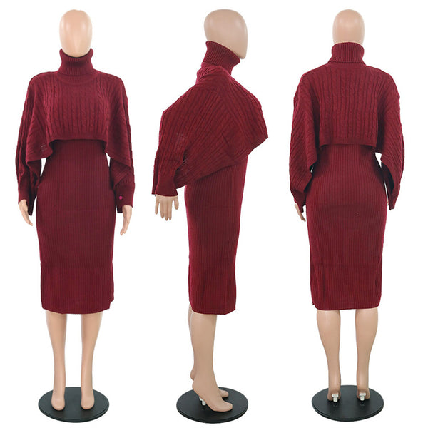 A burgundy ribbed knit two-piece sweater dress displayed on three mannequins from the front, back, and side views against a white background.