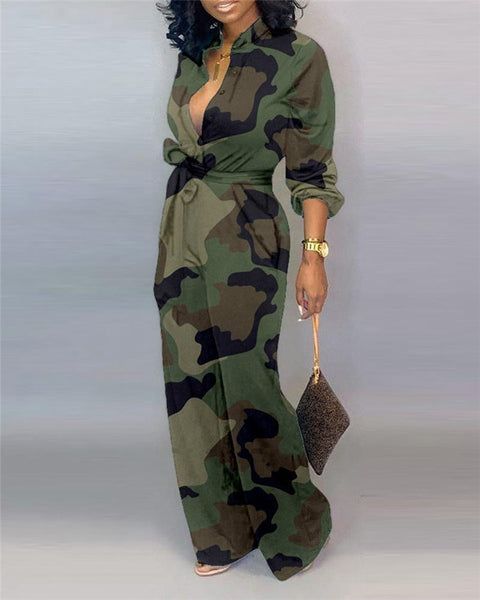 Elegant Geometric Printed Long Sleeve Jumpsuit