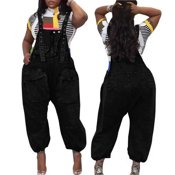 Versatile Loose Strap Denim Wide Leg Overalls
