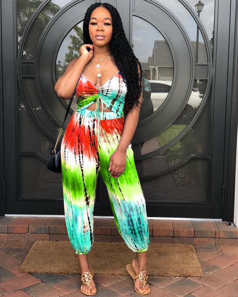 Lace Up Tie Dye Sleeveless Jumpsuit