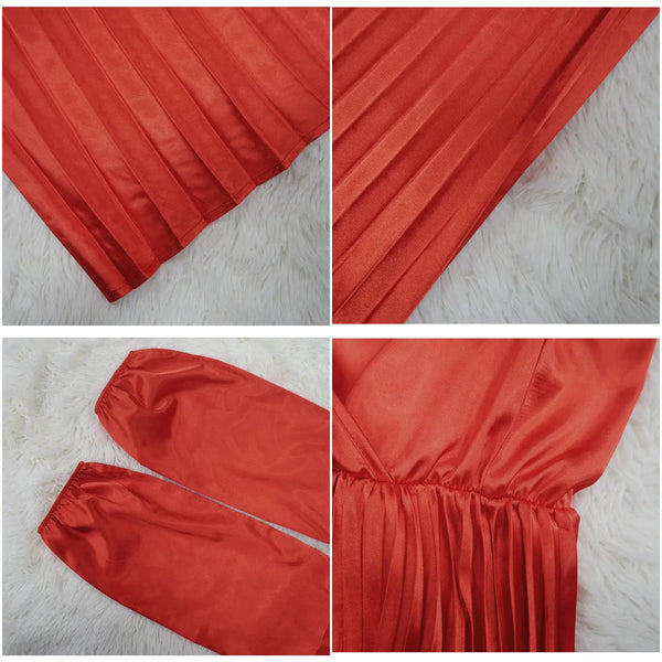 Solid Color V-Neck Lantern Sleeve Pleated Dress