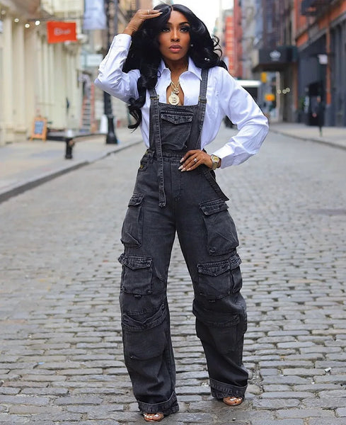 Denim Multi-Pocket Wide Leg Cargo Overalls