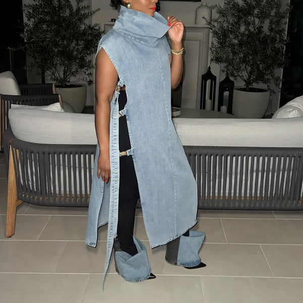Hollow Out Sleeveless Long Split Buckle Jean Skirts Vest