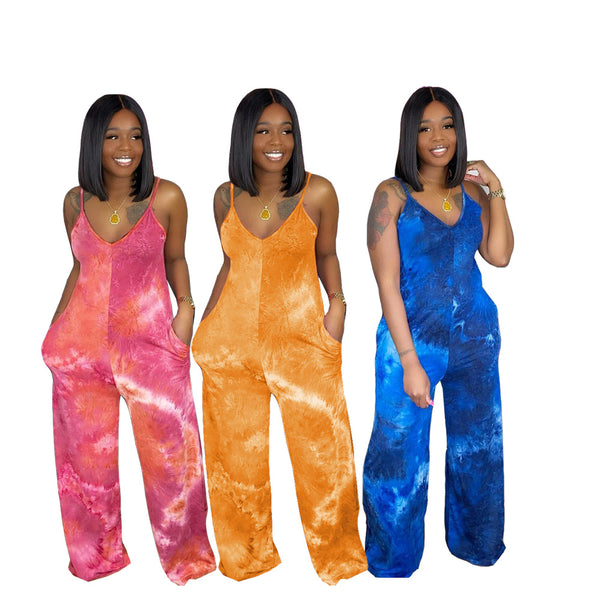 Tie Dye Halter V-Neck Jumpsuit