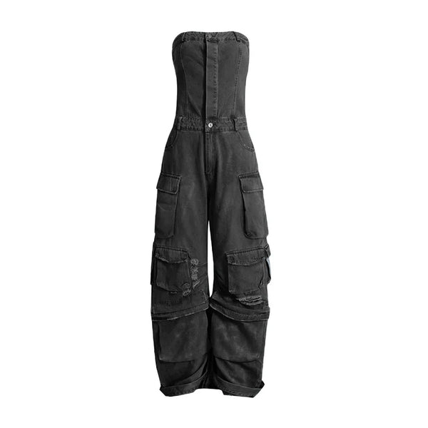 Strapless Denim Cargo Pants Jumpsuit