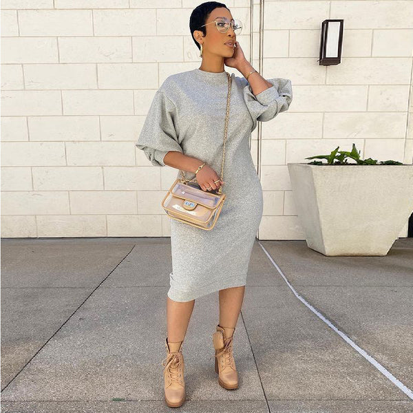 Five-Point Lantern Sleeve Sweater Dress