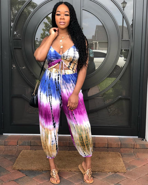 Lace Up Tie Dye Sleeveless Jumpsuit