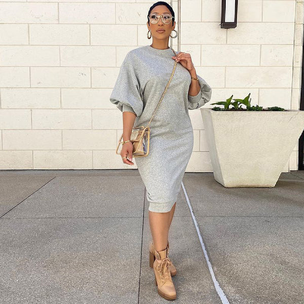 Five-Point Lantern Sleeve Sweater Dress