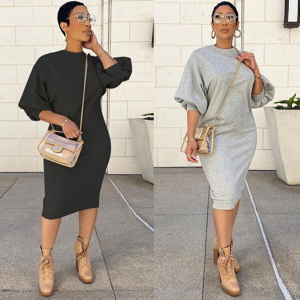 Five-Point Lantern Sleeve Sweater Dress