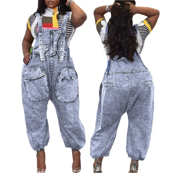Versatile Loose Strap Denim Wide Leg Overalls