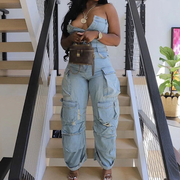 Strapless Denim Cargo Pants Jumpsuit
