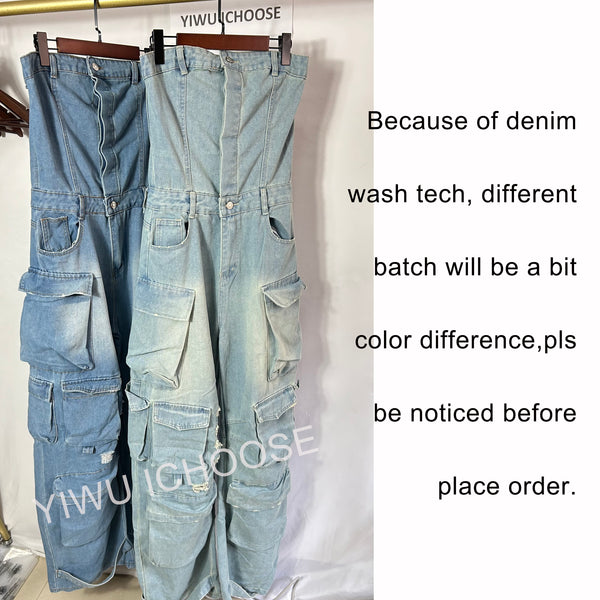 Strapless Denim Cargo Pants Jumpsuit