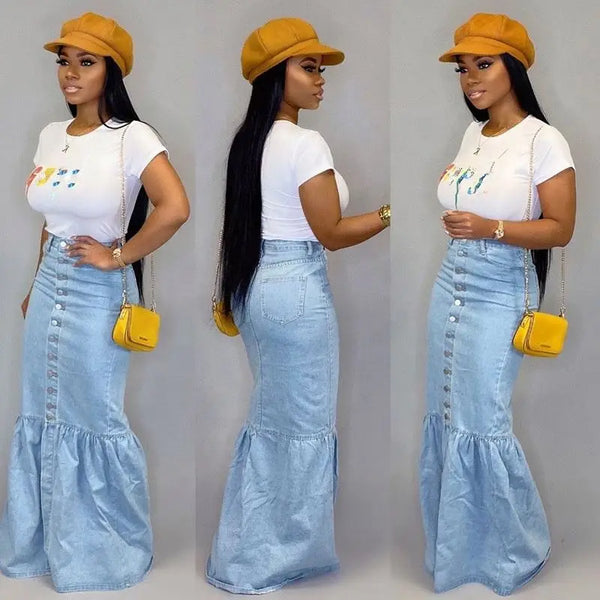 Slim Bud Patchwork Blue Jean Skirt