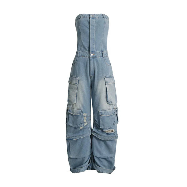 Strapless Denim Cargo Pants Jumpsuit