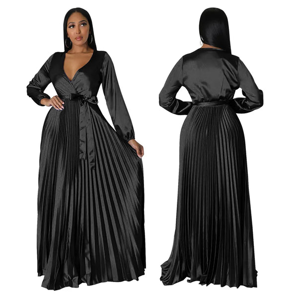 Solid Color V-Neck Lantern Sleeve Pleated Dress