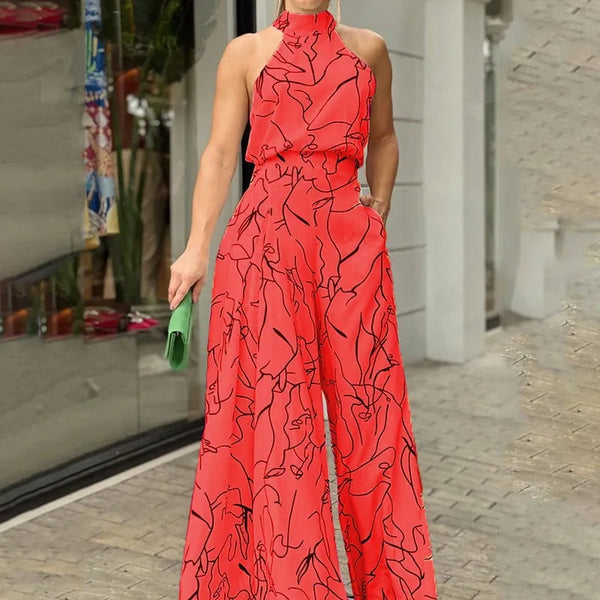 High Waist Lace Up Sleeveless Halter Jumpsuit