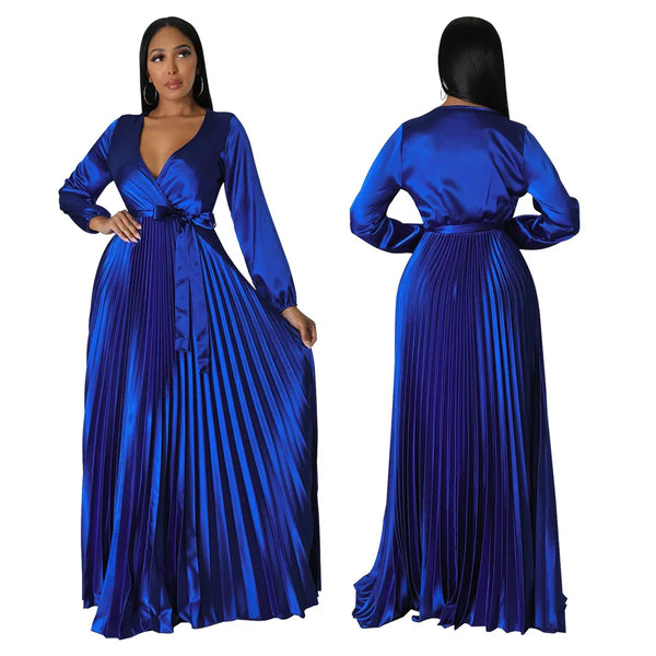 Solid Color V-Neck Lantern Sleeve Pleated Dress