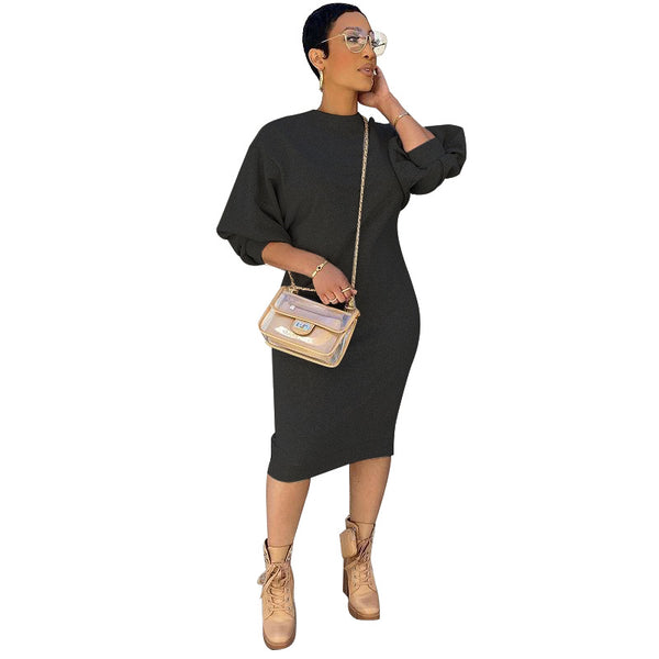 Five-Point Lantern Sleeve Sweater Dress