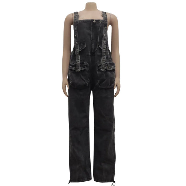 Versatile Loose Strap Denim Wide Leg Overalls