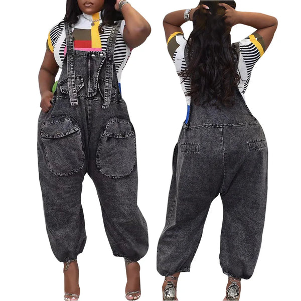 Versatile Loose Strap Denim Wide Leg Overalls