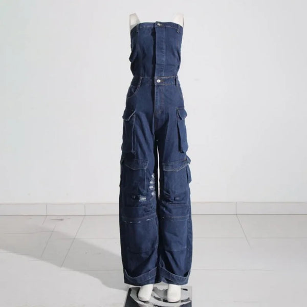 Strapless Denim Cargo Pants Jumpsuit