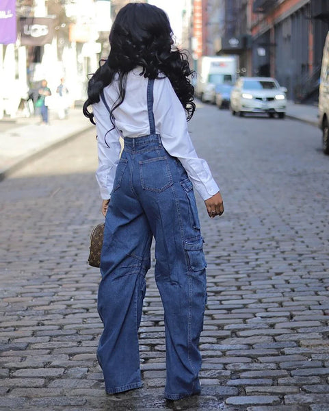 Denim Multi-Pocket Wide Leg Cargo Overalls