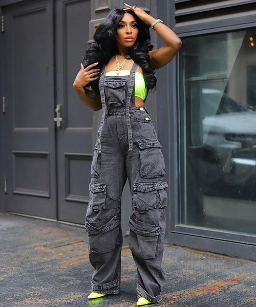 Denim Multi-Pocket Wide Leg Cargo Overalls