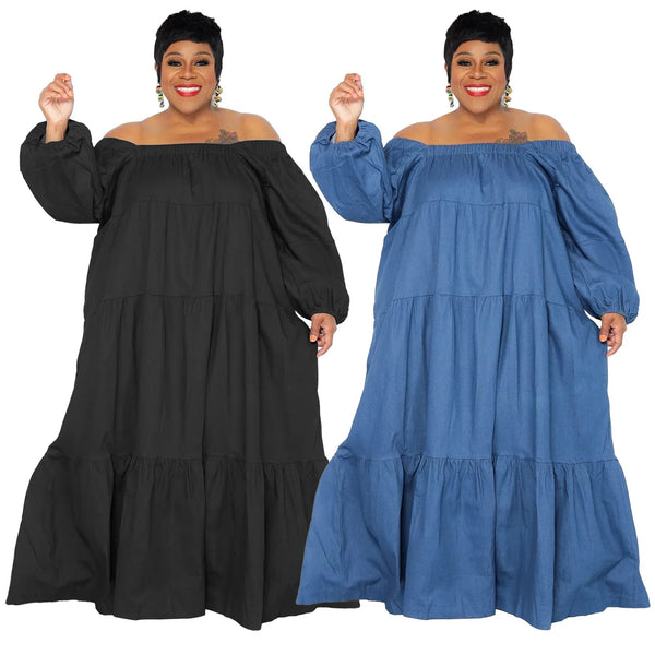 Denim Swing Ruffled Collar Plus Size Dress