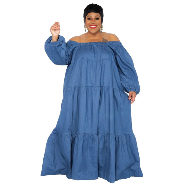Denim Swing Ruffled Collar Plus Size Dress