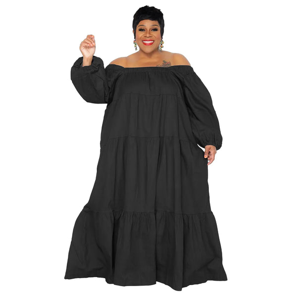 Denim Swing Ruffled Collar Plus Size Dress