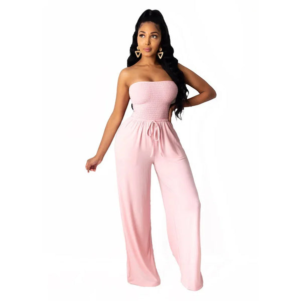 Strapless Pleated Wide Leg Jumpsuit