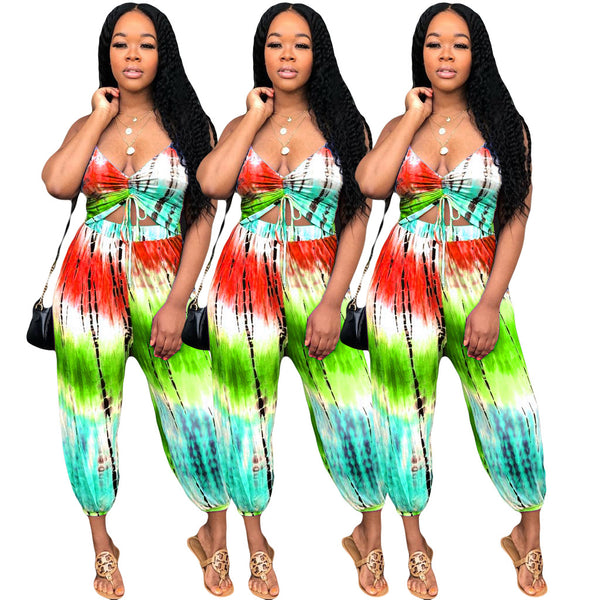 Lace Up Tie Dye Sleeveless Jumpsuit