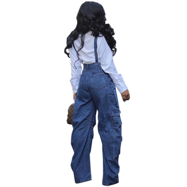 Denim Multi-Pocket Wide Leg Cargo Overalls