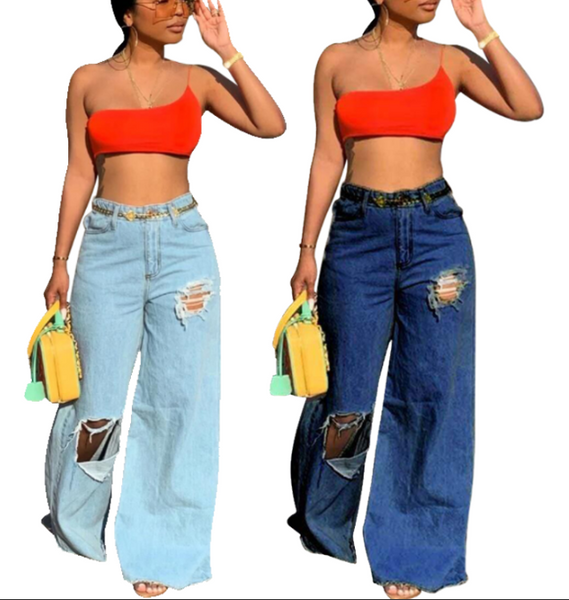 Boyfriend Distresses Wide Leg Jeans