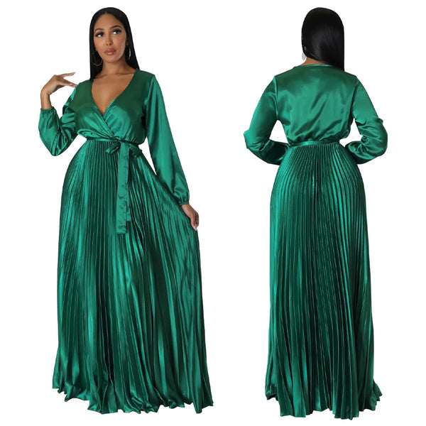 Solid Color V-Neck Lantern Sleeve Pleated Dress