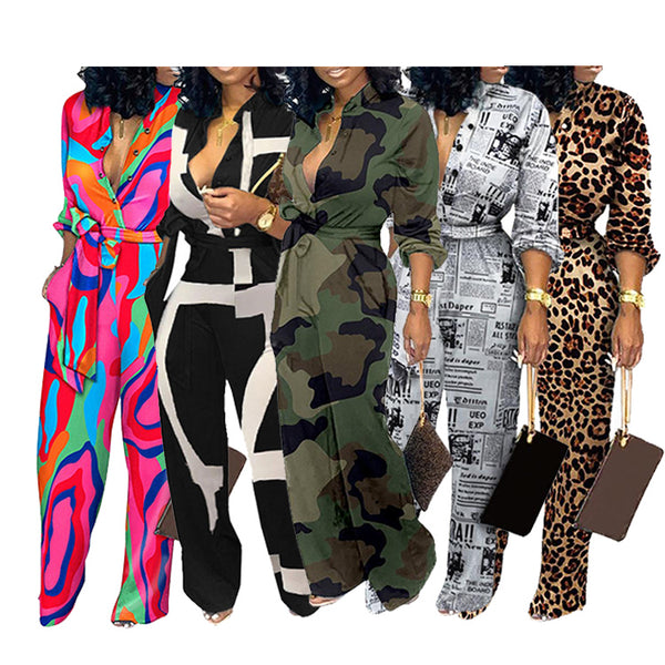 Elegant Geometric Printed Long Sleeve Jumpsuit