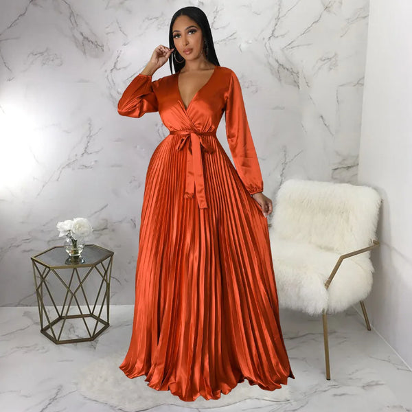 Solid Color V-Neck Lantern Sleeve Pleated Dress