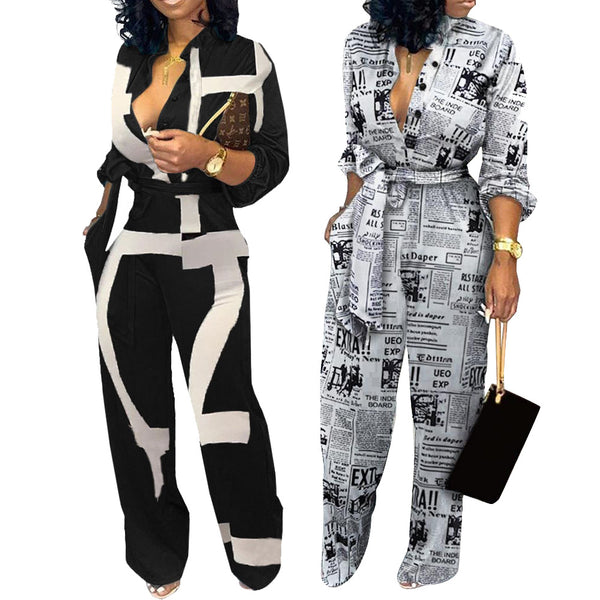 Elegant Geometric Printed Long Sleeve Jumpsuit