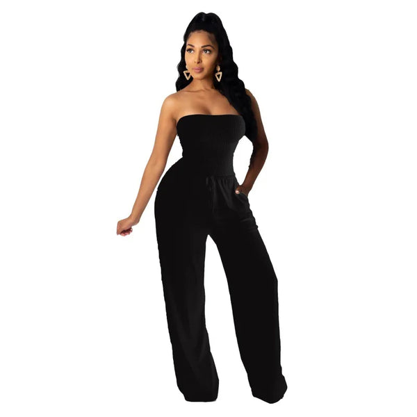 Strapless Pleated Wide Leg Jumpsuit