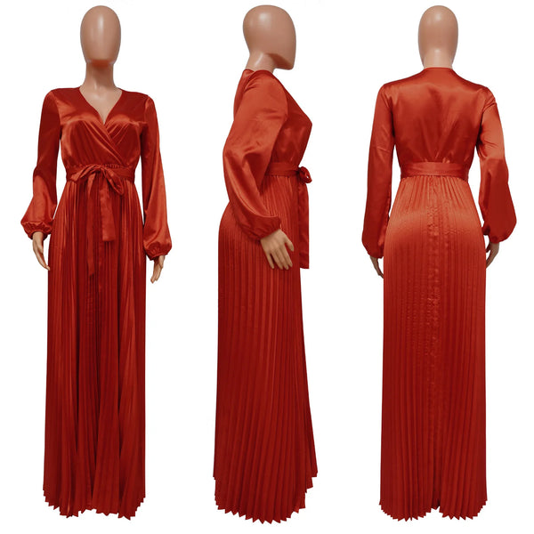 Solid Color V-Neck Lantern Sleeve Pleated Dress