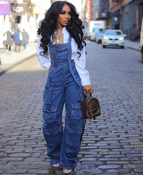 Denim Multi-Pocket Wide Leg Cargo Overalls
