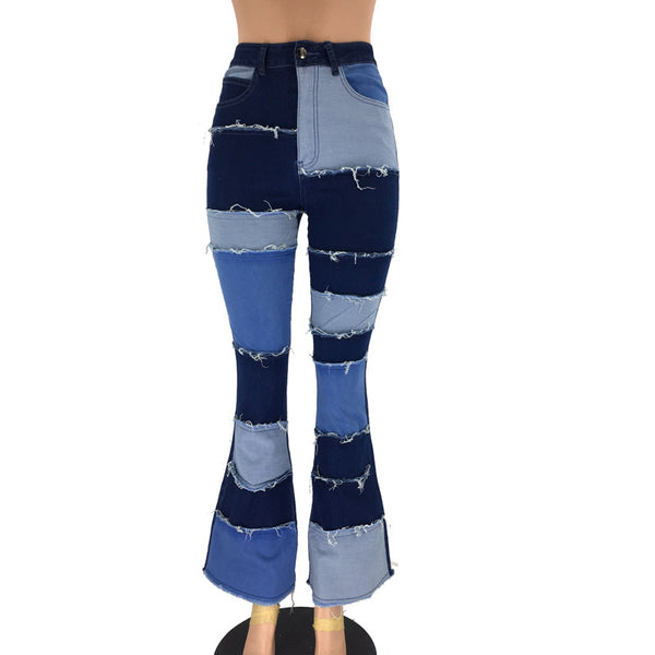 Denim Patchwork High Waist Jeans With Tassel